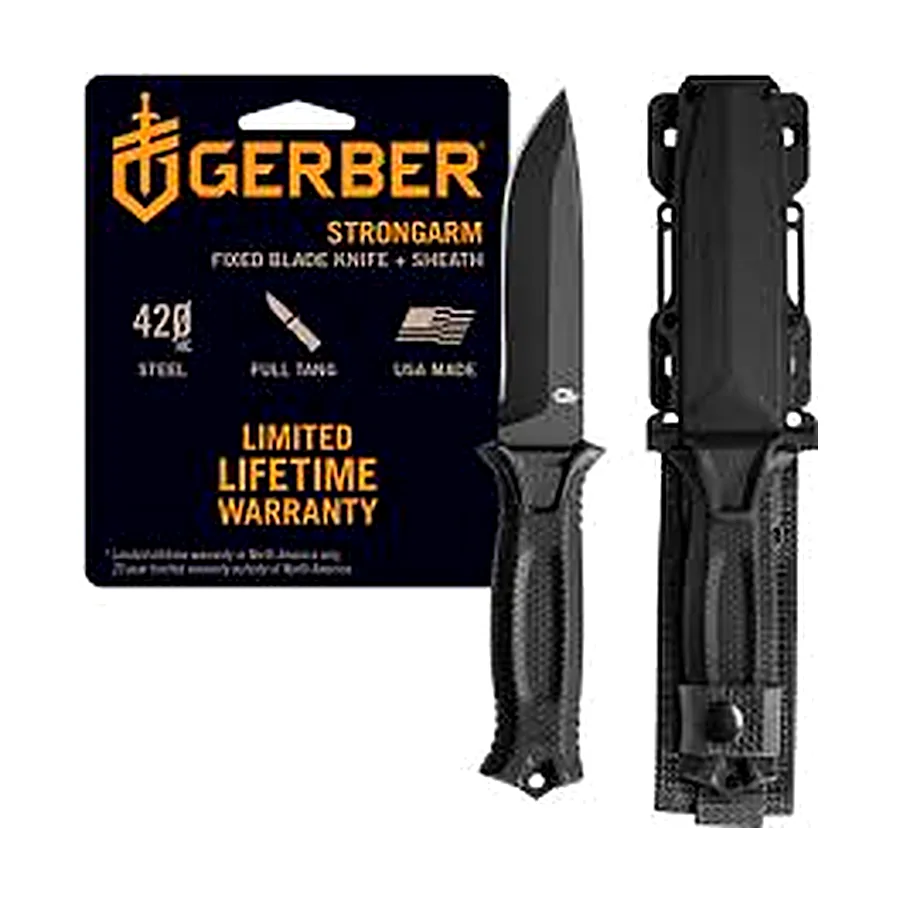 Gerber Gear StrongArm - Fixed-Blade Camping & Hunting Knife with Striking Pommel & Sheath - Premium Survival Gear - Black, Plain Edge