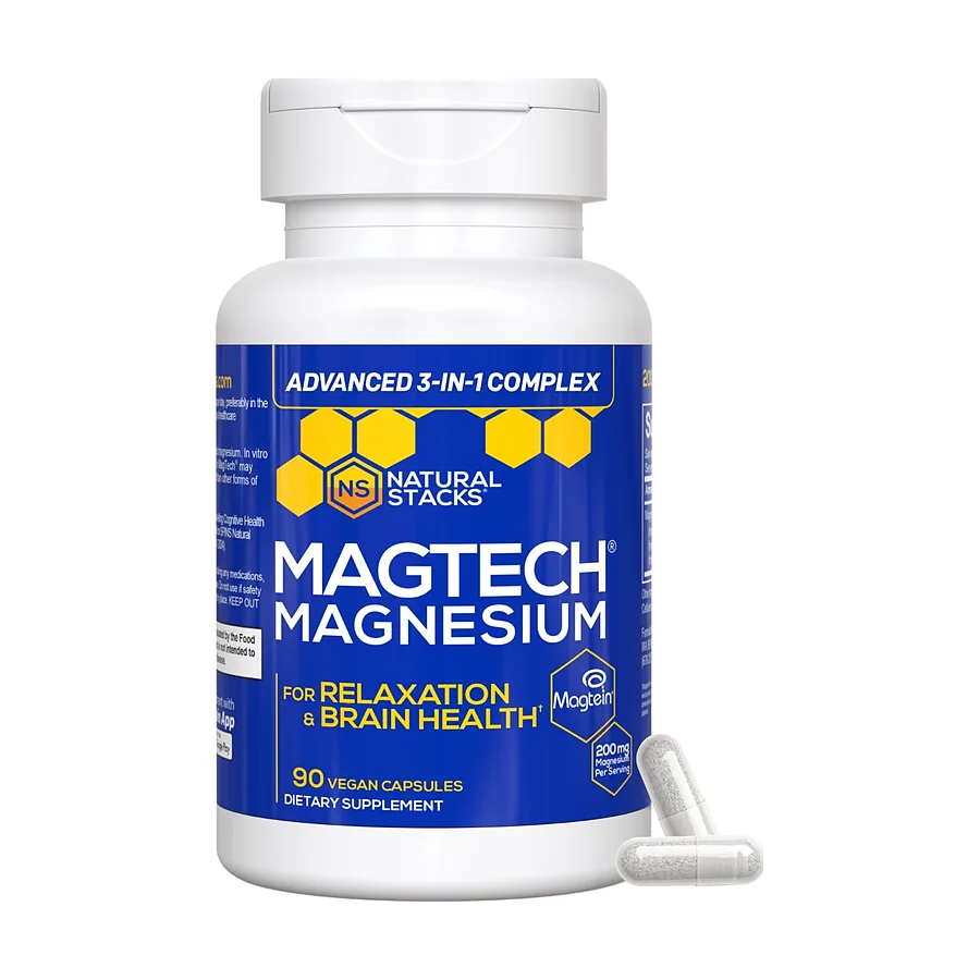 Natural Stacks MagTech Magnesium Supplement - Chelated Magnesium Complex - 3 Forms of Magnesium: Magtein Magnesium L-Threonate, Glycinate & Taurate - Supports Relaxation & Brain Health, 90 Capsules
